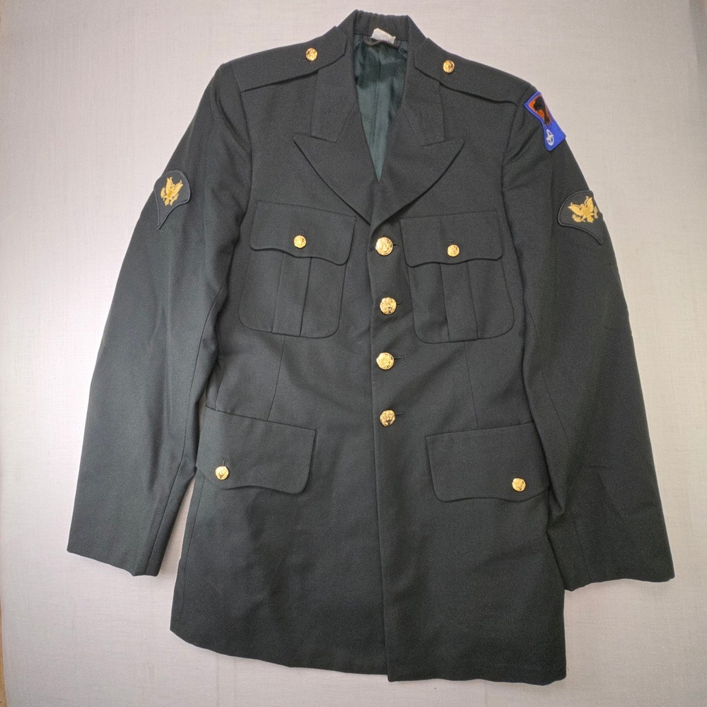 VTG Military Uniform Army Coat DeRossi & Son 37L Mens Green Specialist Patch USA